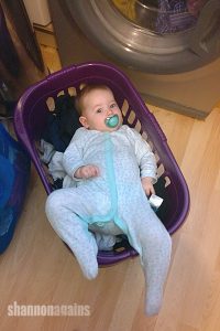 baby in laundry basket
